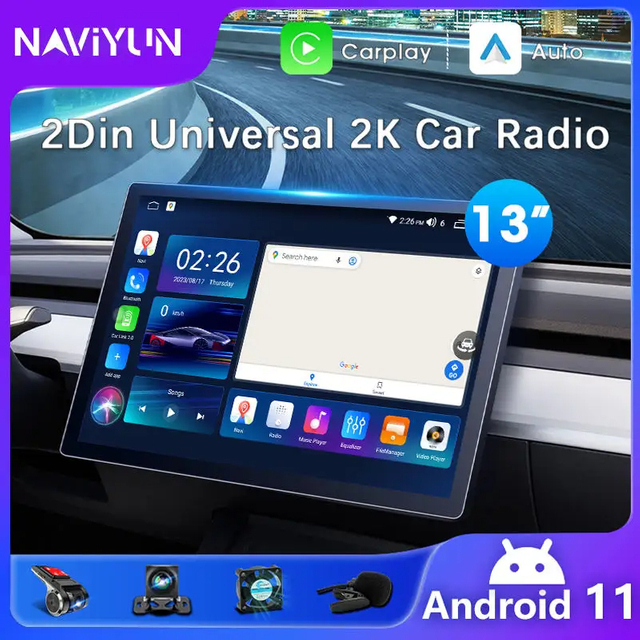 13 pouces 2Din Android Autoradio voiture multimédia stéréo 2.5D écran tactile CarPlay GPS WIFI Hifi Audio RDS BT DVR Autoradio Android